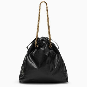 Black Leather Chain Tote Handbag with Drawstring Closure and Gold-Tone Hardware