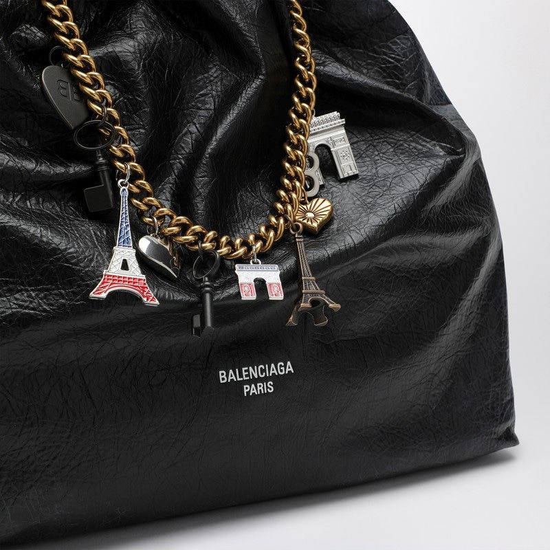 BALENCIAGA Crush Medium Black Leather Tote with Chain Strap