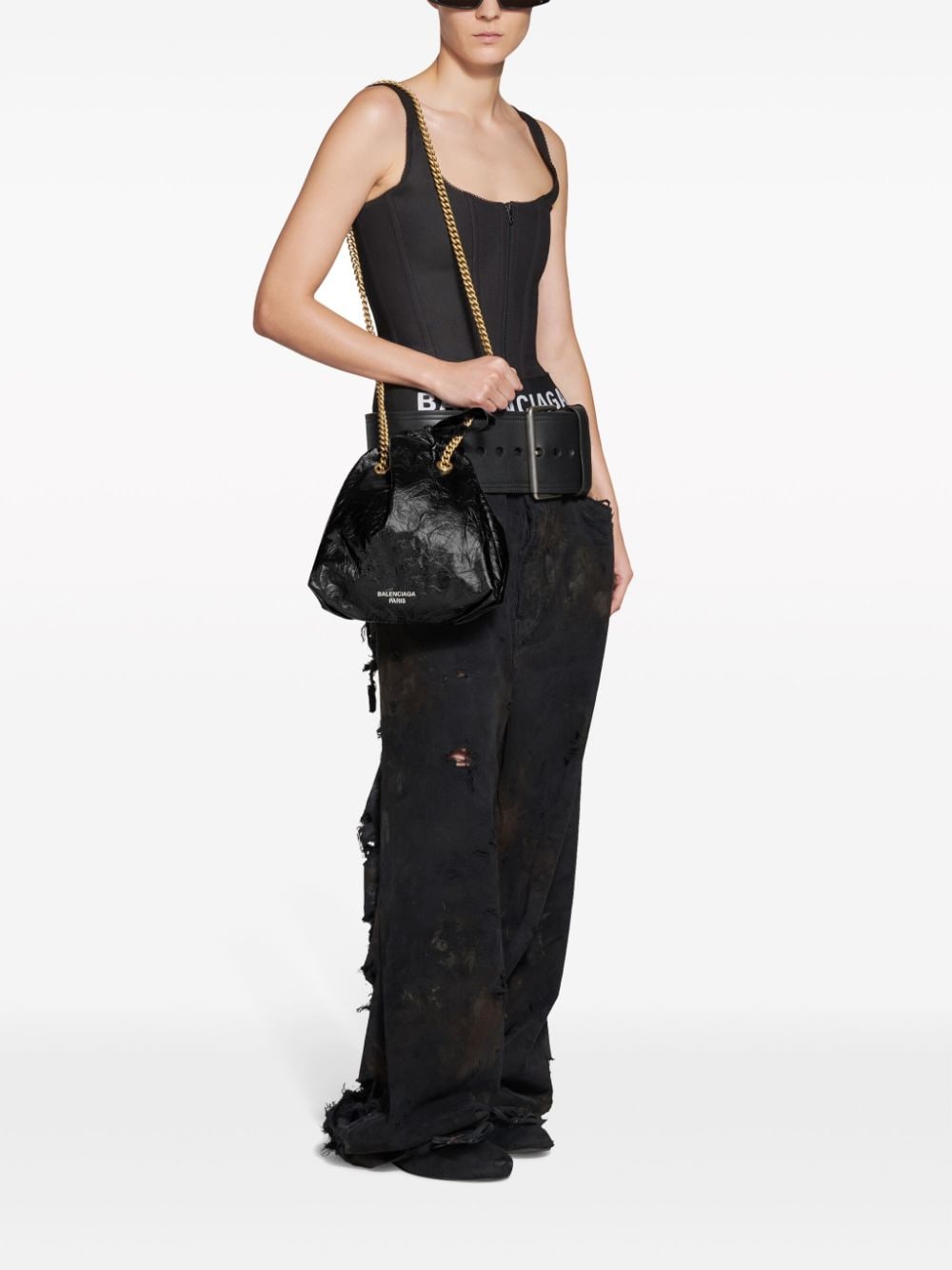 BALENCIAGA Crush Small Black Leather Tote with Gold-Tone Chain and Eco-Aware Rating