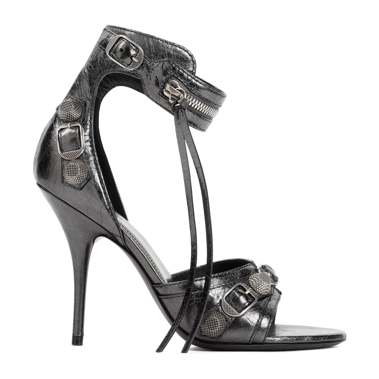 BALENCIAGA Arena Lamb Leather Cagole Sandals in Antique Silver-Finished Metal