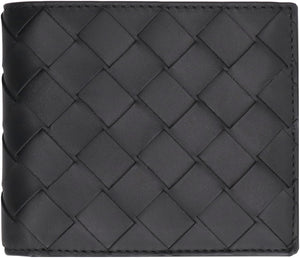 Black Intrecciato Pattern Leather Bi-Fold Wallet