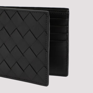 Black Intrecciato Pattern Leather Bi-Fold Wallet