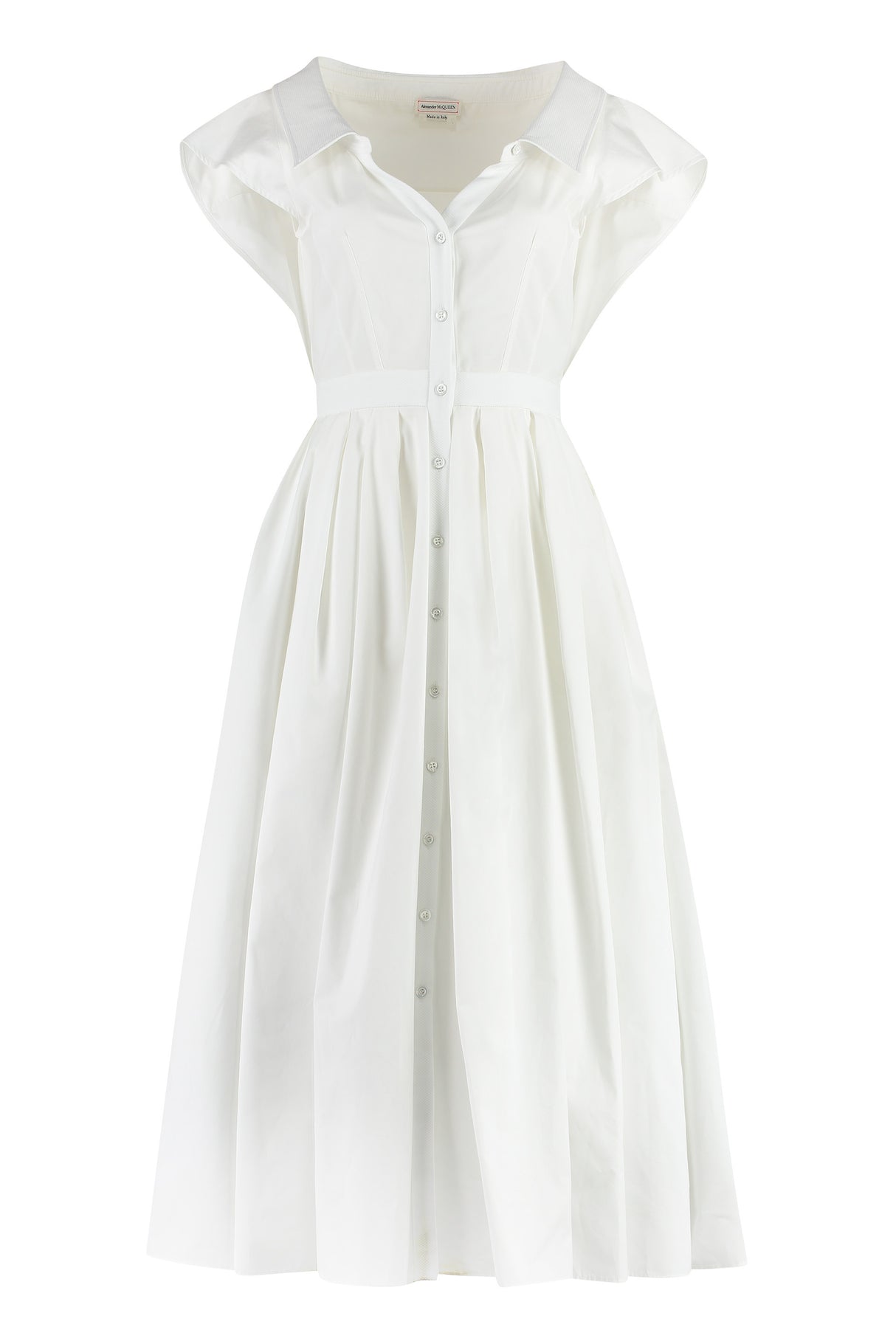 White Dress with Pleated Detail and Classic Collar for Women