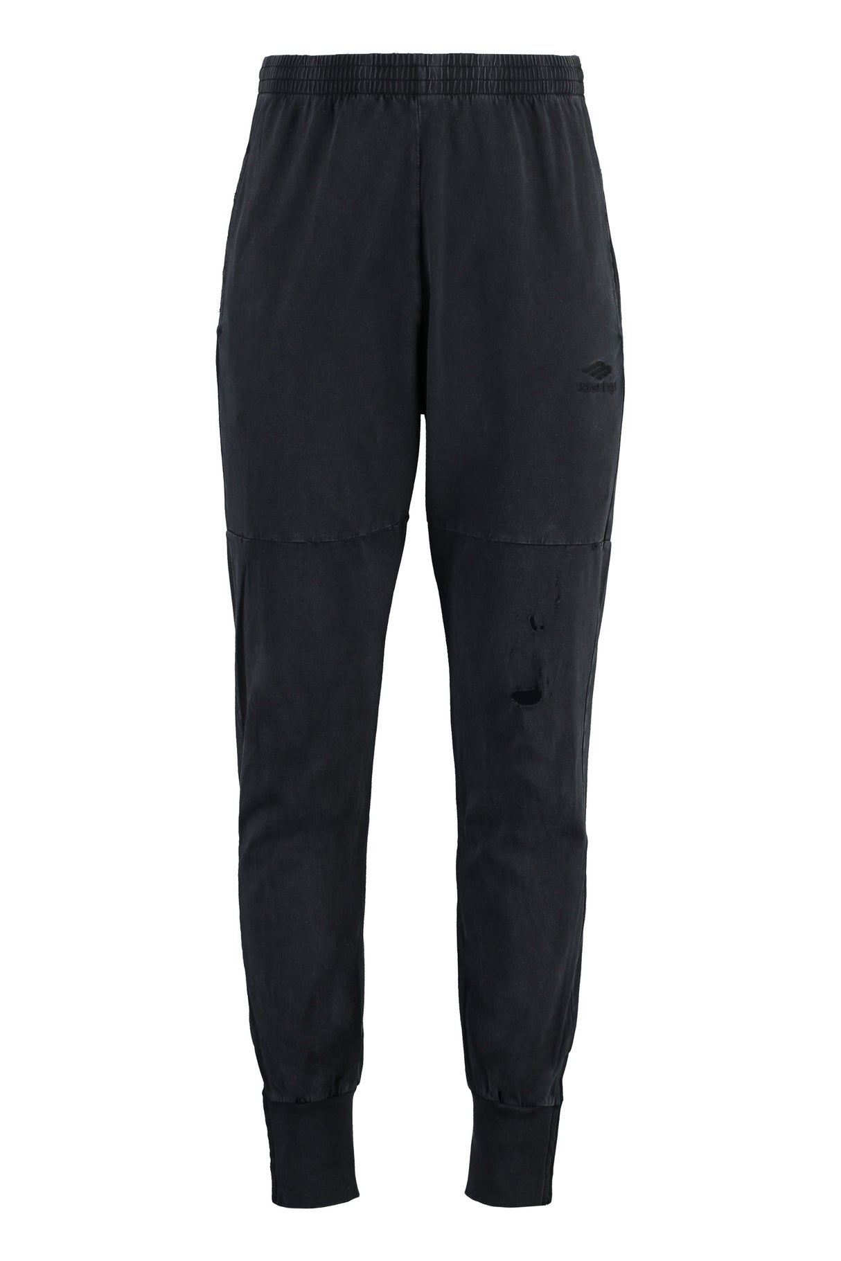 Quần track-pants nam cotton đen với zipper bên và chi tiết cắt xén