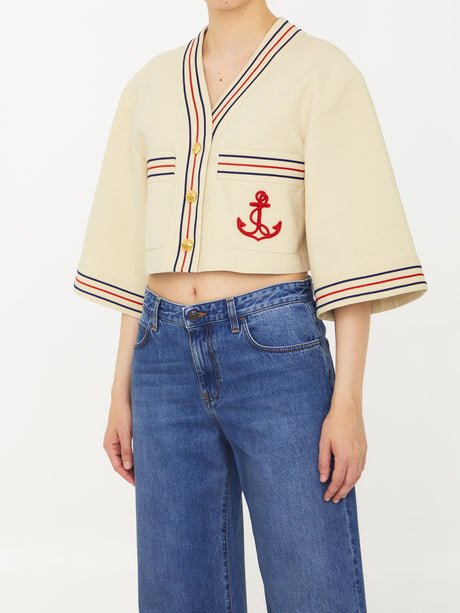 Ivory Cropped Cotton Linen Gauze Shirt with Anchor Patch and Web Striped Piping