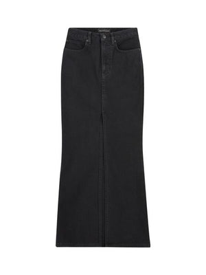 女性用黒デニムスカート オリジナル メタルボタンとフロントスリットヘム付き