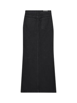 女性用黒デニムスカート オリジナル メタルボタンとフロントスリットヘム付き