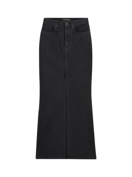 Black Denim Skirt with Metal Buttons and Engraved Logo for Women