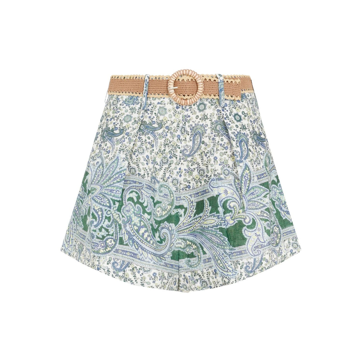 ZIMMERMANN Stylish High-Waisted Linen Shorts with Paisley Print and Raffia Belt