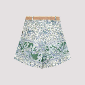 ZIMMERMANN Stylish High-Waisted Linen Shorts with Paisley Print and Raffia Belt