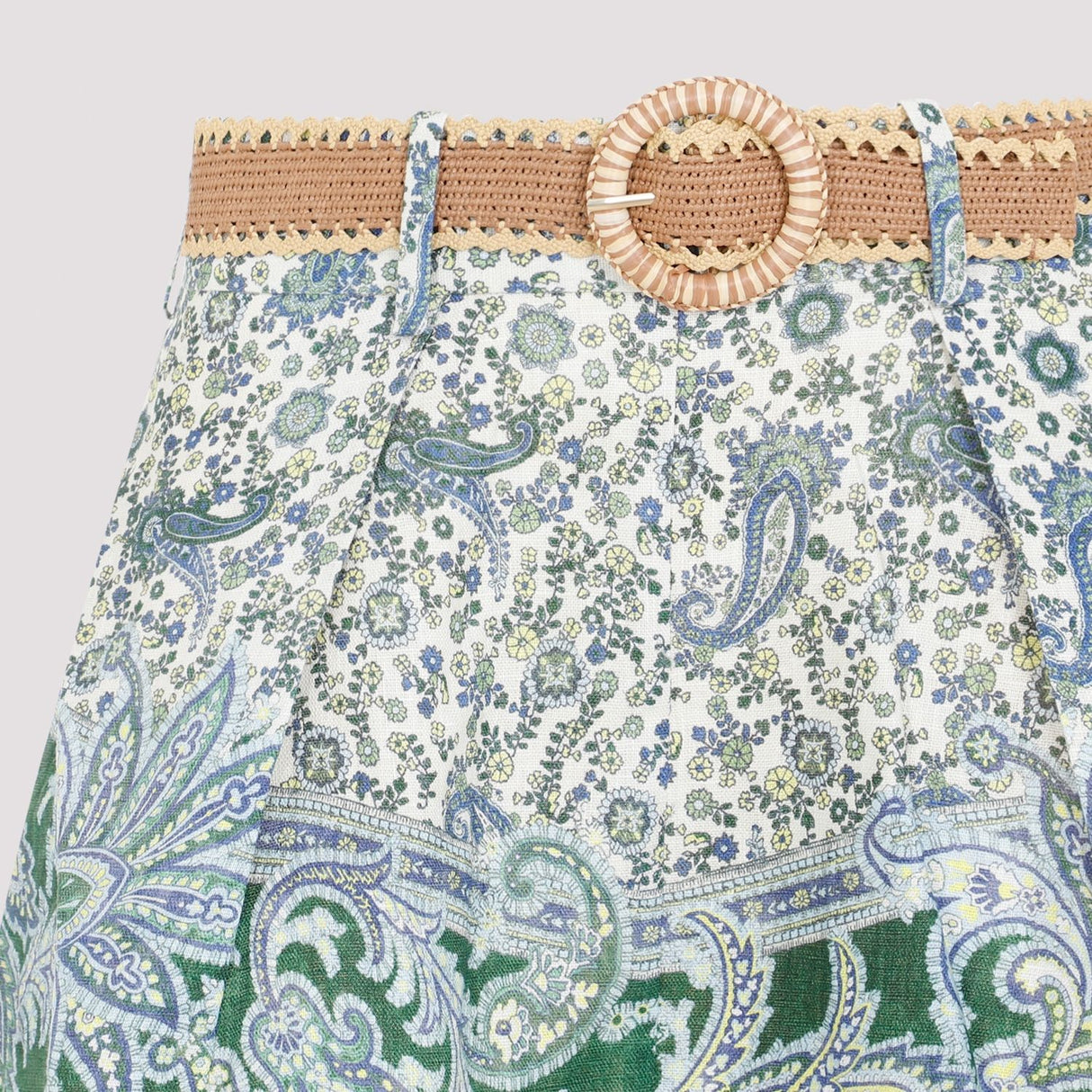 ZIMMERMANN Stylish High-Waisted Linen Shorts with Paisley Print and Raffia Belt