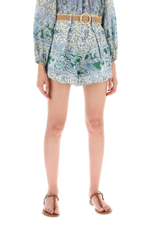 ZIMMERMANN Stylish High-Waisted Linen Shorts with Paisley Print and Raffia Belt