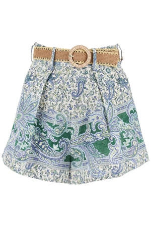 ZIMMERMANN Stylish High-Waisted Linen Shorts with Paisley Print and Raffia Belt