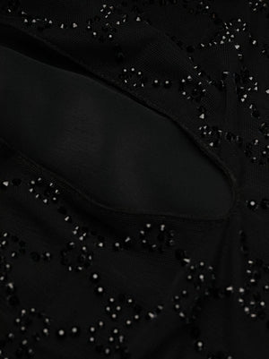 エレガントな黒のクリスタル装飾チュールミニドレス（ブランド名は除く）