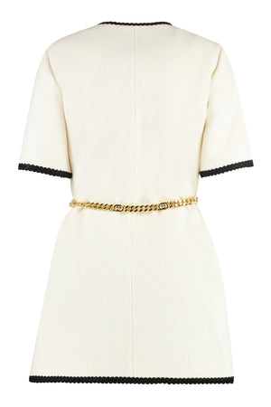 GUCCI White Wool Blend Tweed Dress with Contrasting Trimmings and Logo Patch