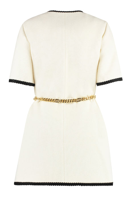 GUCCI White Wool Blend Tweed Dress with Contrasting Trimmings and Logo Patch