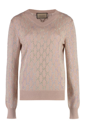 GUCCI Luxury Pale Pink Wool V-Neck Sweater with Crystal Details