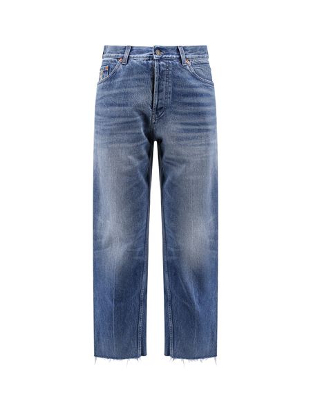 Quần Jeans Thẳng Màu Xanh Dương Với Miếng Dán Logo Da và Cạp Xé Rối