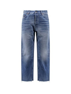 Quần Jeans Thẳng Màu Xanh Dương Với Miếng Dán Logo Da và Cạp Xé Rối