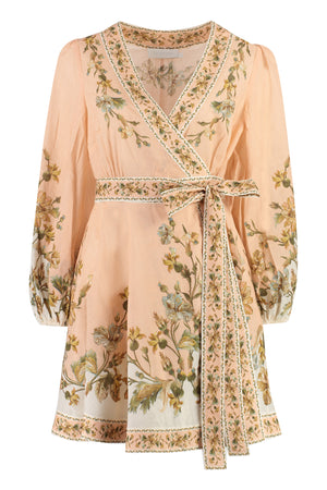 ZIMMERMANN Chintz Wrap Mini Dress - Floral Print, Wrap Silhouette, Self-Tie Belt, Blooson Sleeves, Flared Skirt