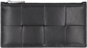 Men's Black Leather Card Holder - Intrecciato Design, Silver-Tone Hardware