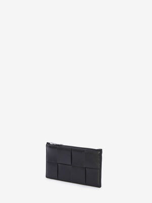 BOTTEGA VENETA Men's Black Leather Card Holder - Intrecciato Design, Silver-Tone Hardware