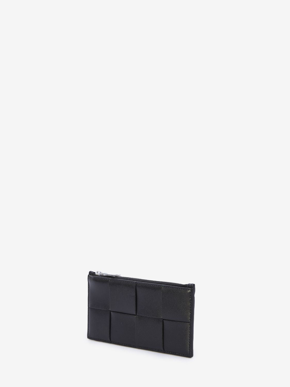 Men's Black Leather Card Holder - Intrecciato Design, Silver-Tone Hardware