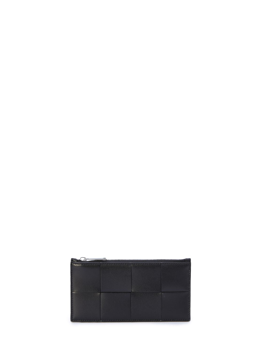 BOTTEGA VENETA Men's Black Leather Card Holder - Intrecciato Design, Silver-Tone Hardware