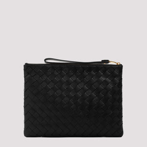 Black Lamb Leather Medium Flat Pouch Handbag for Women