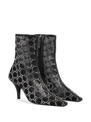 Black Crystal Mid-Heel Boots for Women