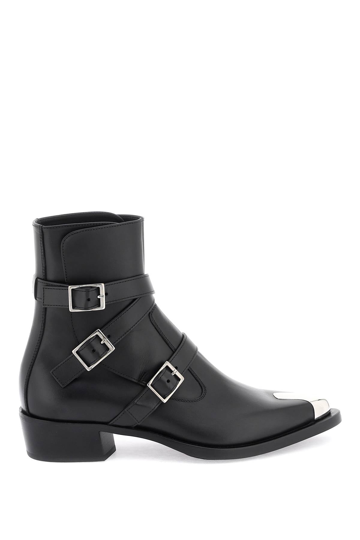 ALEXANDER MCQUEEN Black Leather Punk Boots with Three Buckles for Men