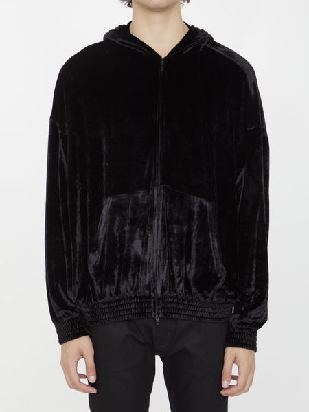 BALENCIAGA Black Strass Hoodie with Front Zipper and Logo Detail