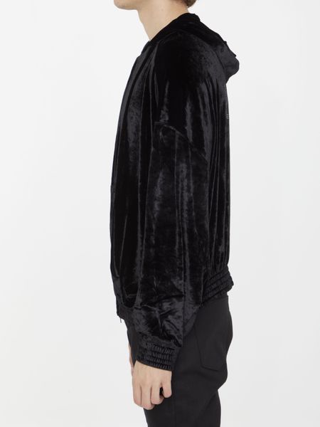 BALENCIAGA Black Strass Hoodie with Front Zipper and Logo Detail