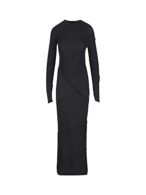 فستان أسود طويل بنمط لولبي وتصميم مخطط للنساء