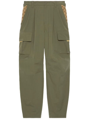 Men's Green Cargo Trousers with GG Fabric Inserts and Zipped Ankle Cuffs