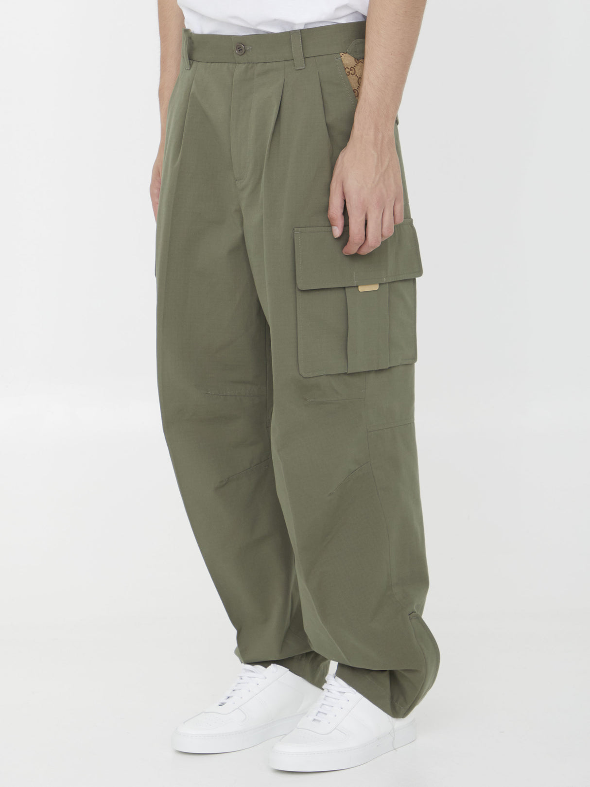 Men's Green Cargo Trousers with GG Fabric Inserts and Zipped Ankle Cuffs