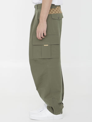 Men's Green Cargo Trousers with GG Fabric Inserts and Zipped Ankle Cuffs