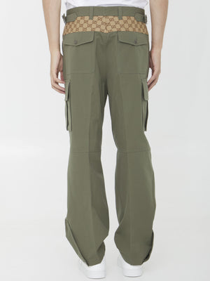 Men's Green Cargo Trousers with GG Fabric Inserts and Zipped Ankle Cuffs