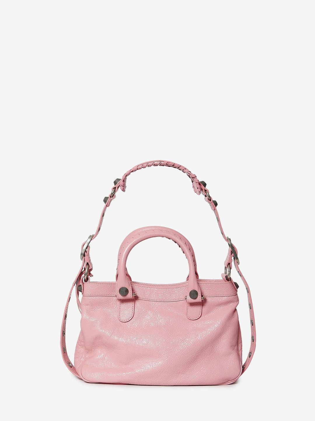 BALENCIAGA Pink Leather Handbag with Antique Silver Finishes and Braid Details