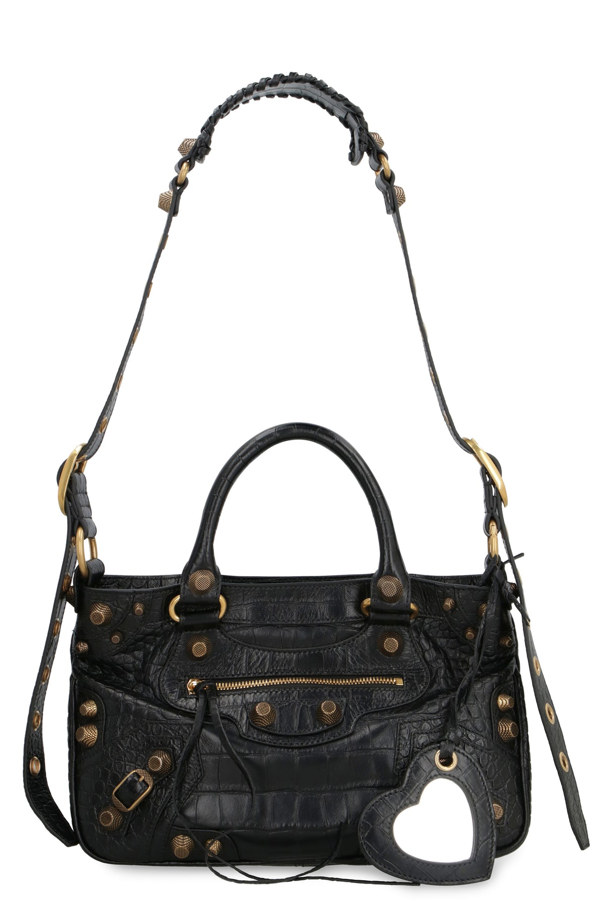 BALENCIAGA Black Leather Neo Cagole Medium Tote with Decorative Studs and Adjustable Strap