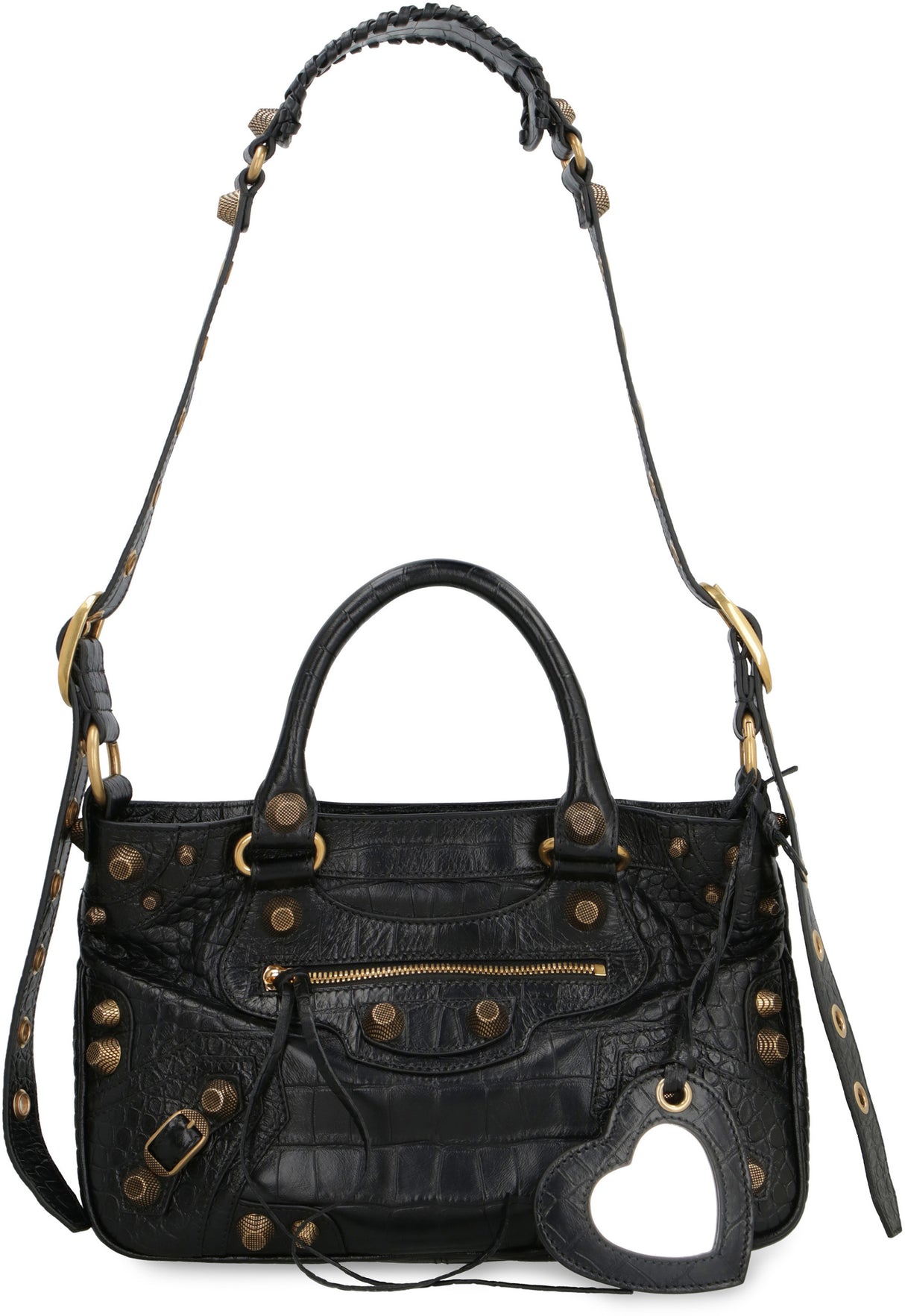 BALENCIAGA Chic Black Leather Medium Tote with Decorative Studs and Buckles, Zippered Compartments & Adjustable Strap