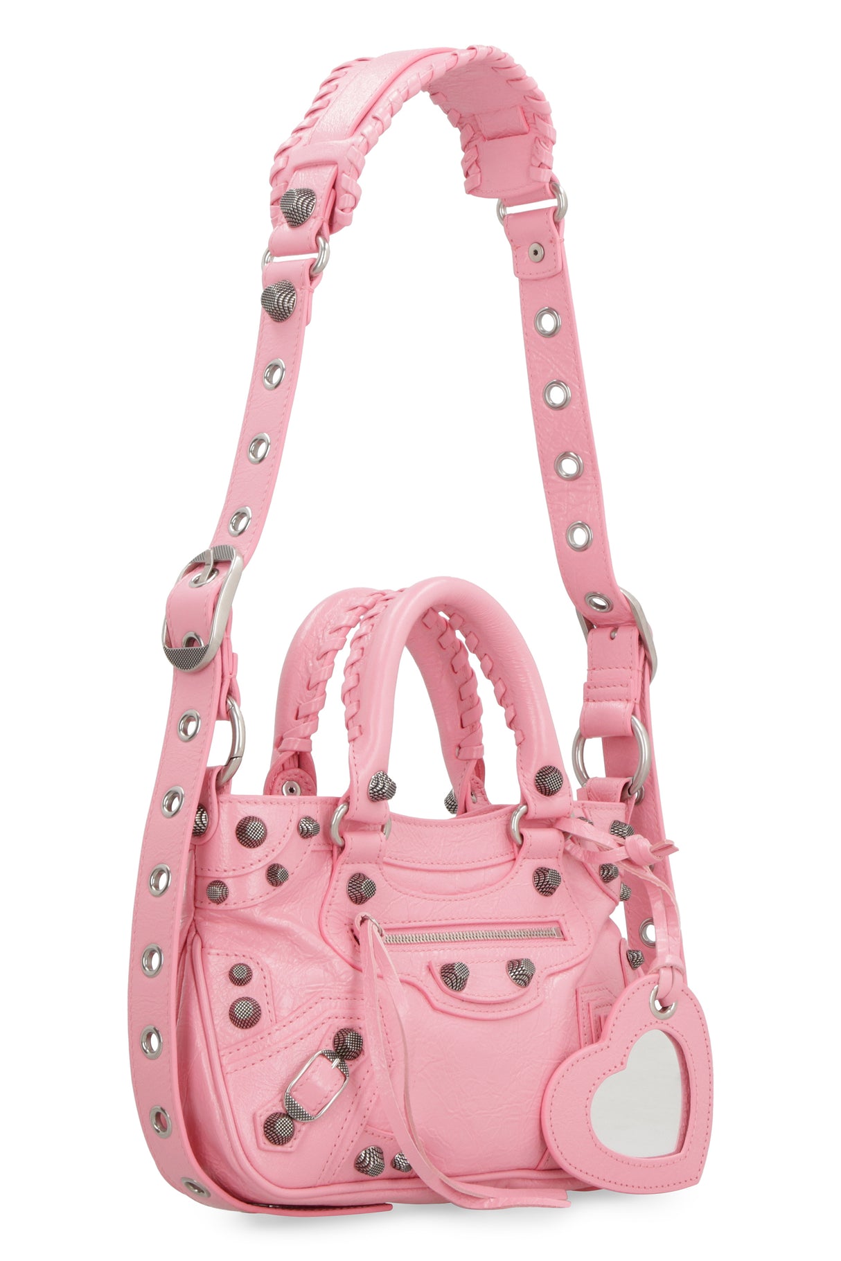 BALENCIAGA Pink Leather Tote Handbag with Metal Studs and Buckles for Women
