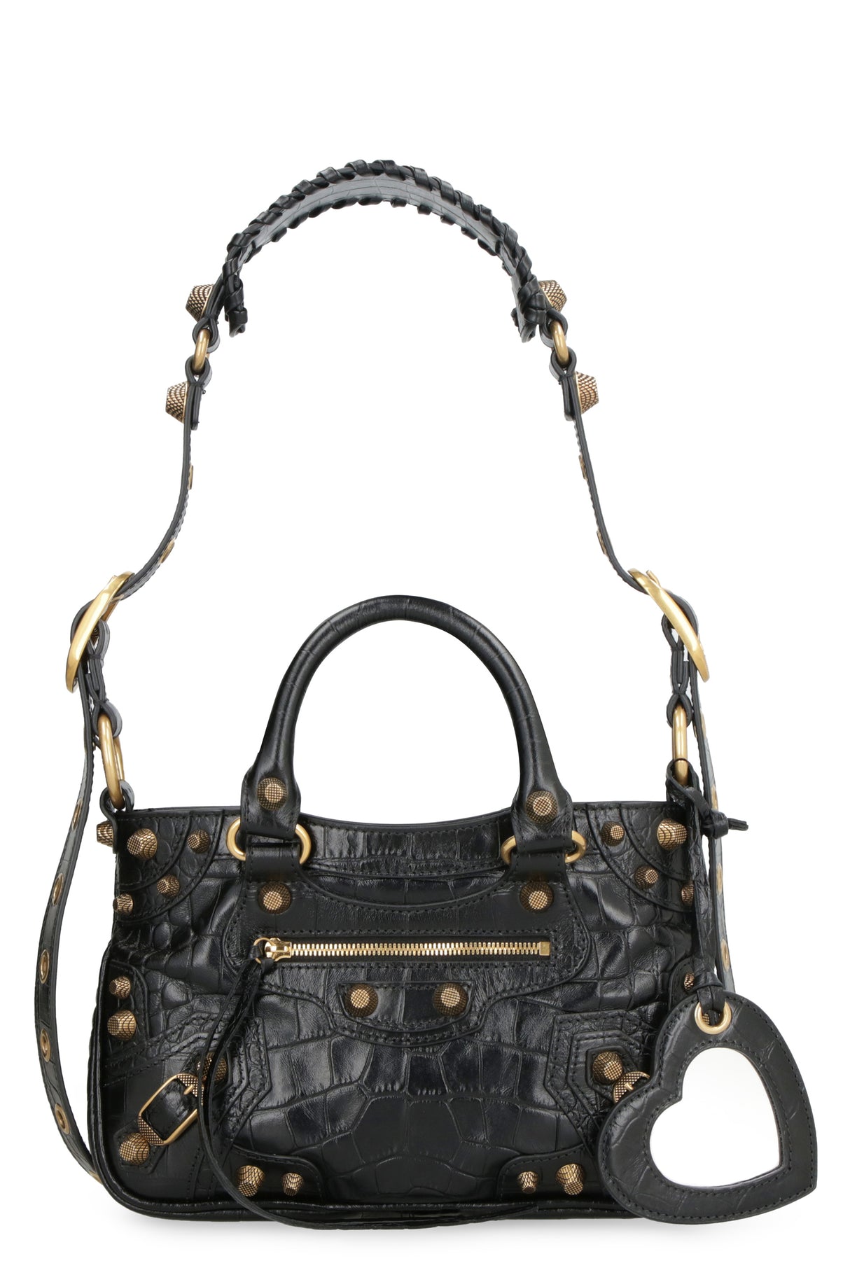 BALENCIAGA Black Croco-Print Leather Handbag with Metal Studs and Buckles