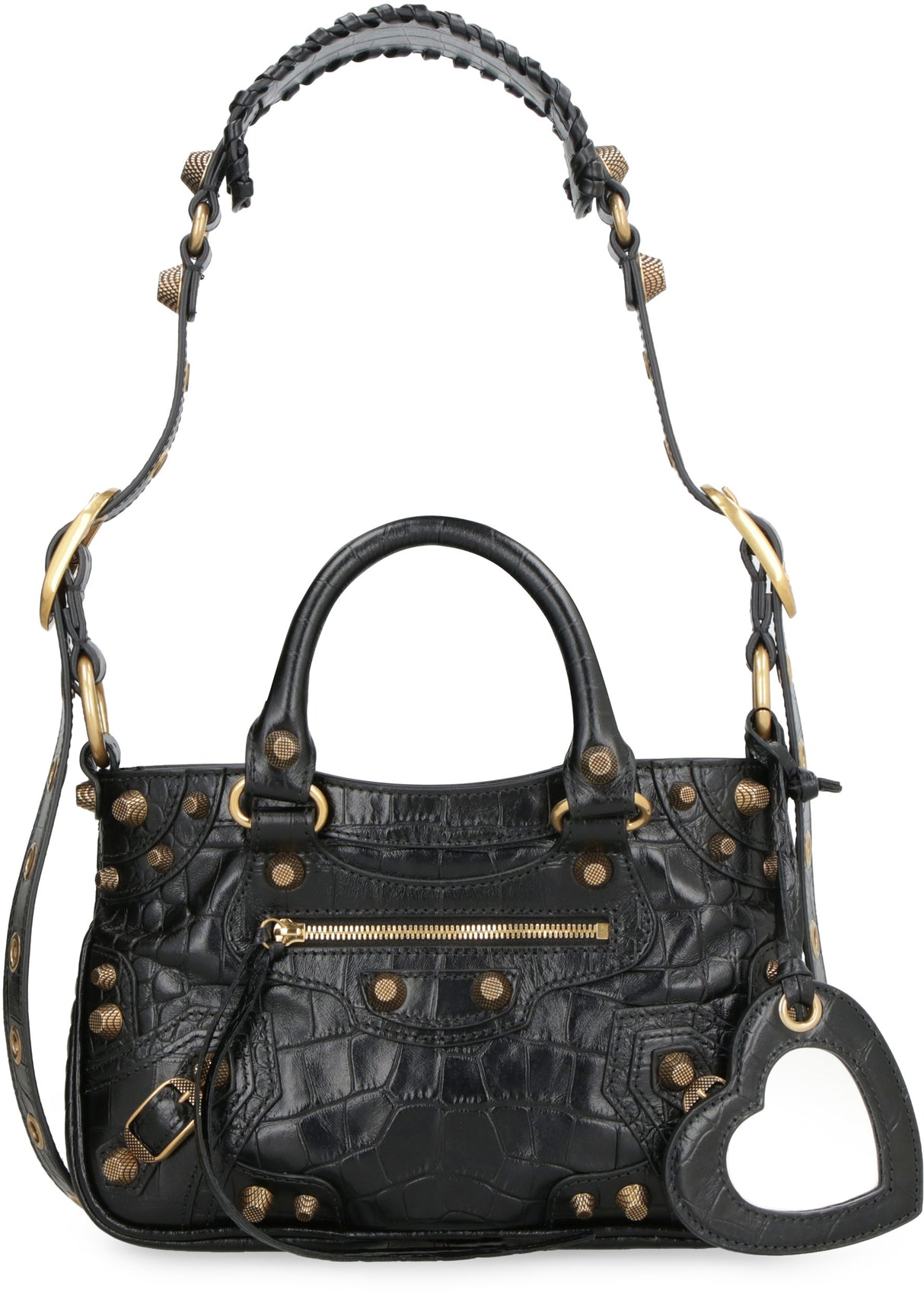 BALENCIAGA Black Croco-Print Leather Handbag with Metal Studs and Buckles