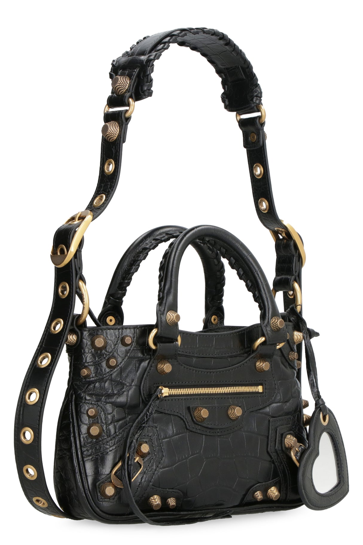 BALENCIAGA Black Croco-Print Leather Handbag with Metal Studs and Buckles