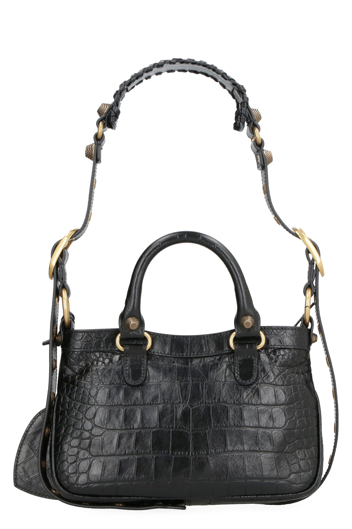 BALENCIAGA Black Croco-Print Leather Handbag with Metal Studs and Buckles