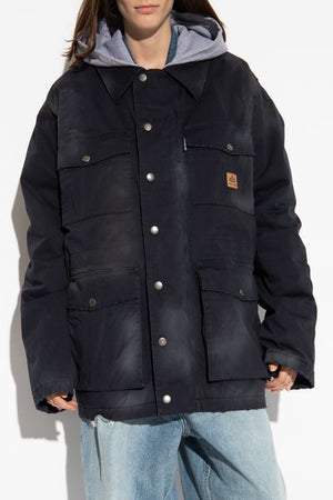 BALENCIAGA Men's Blue Gabardine Parka Jacket with Vintage Effect and Logo Patch