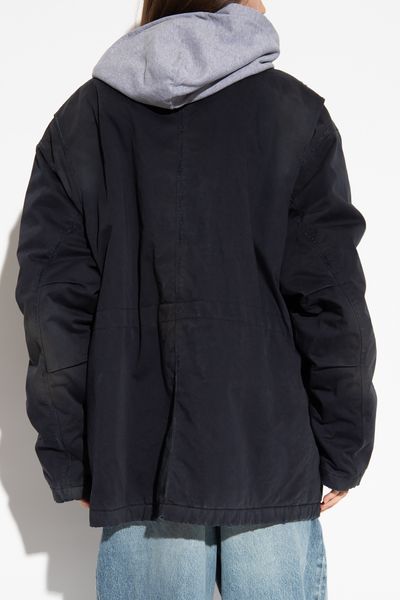 BALENCIAGA Men's Blue Gabardine Parka Jacket with Vintage Effect and Logo Patch