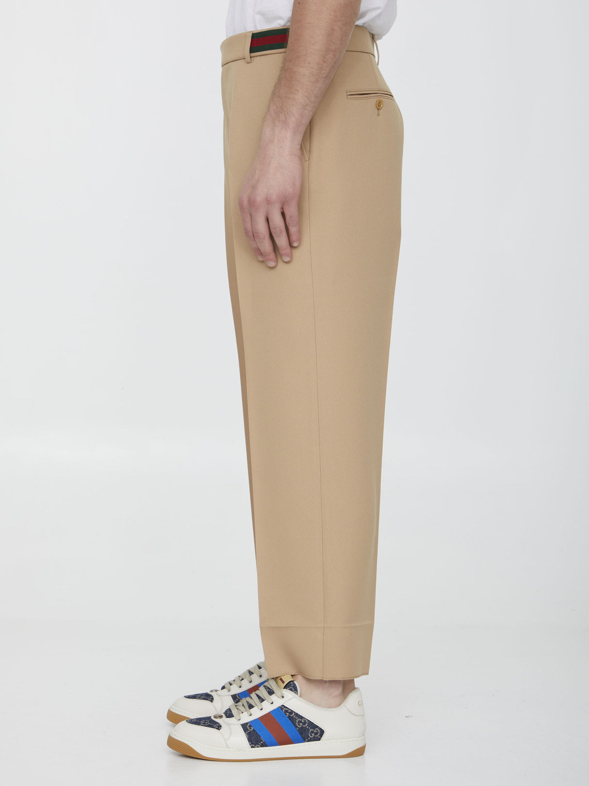 GUCCI Beige Fluid Drill Trousers with Green and Red Web Elastic Detail for Men