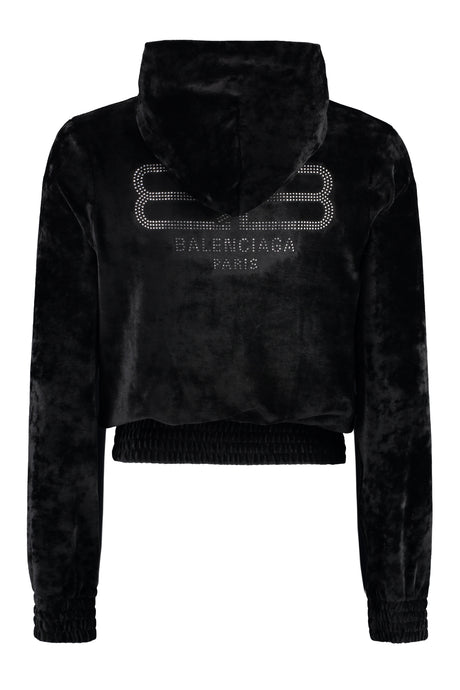 Áo hoodie phom ôm - Thun lạnh đen với logo strass và khóa kéo